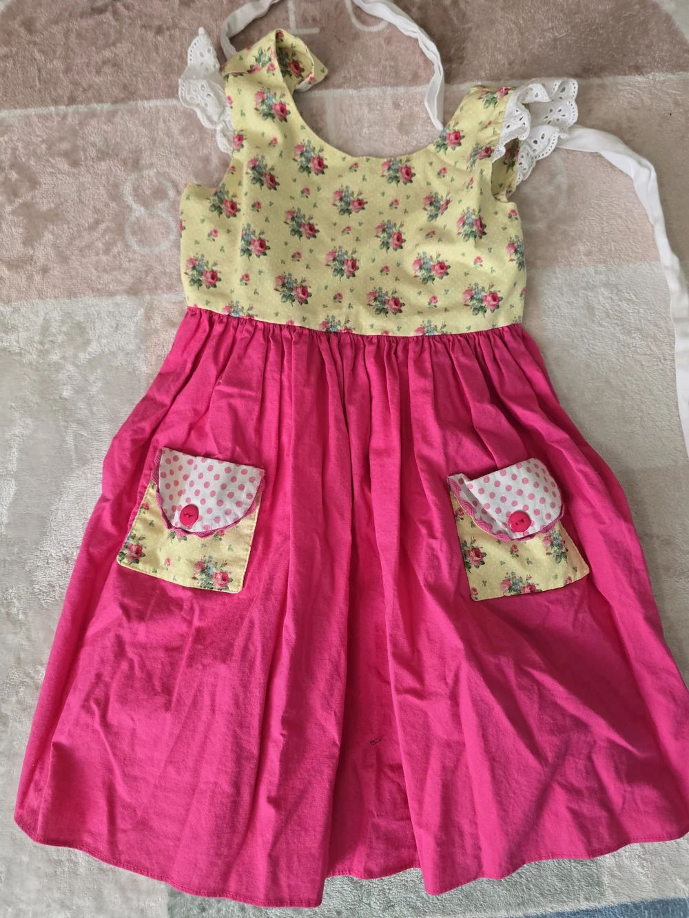 Girls Floral Yellow Bodice & Hot Pink Casual Dress with Pockets
